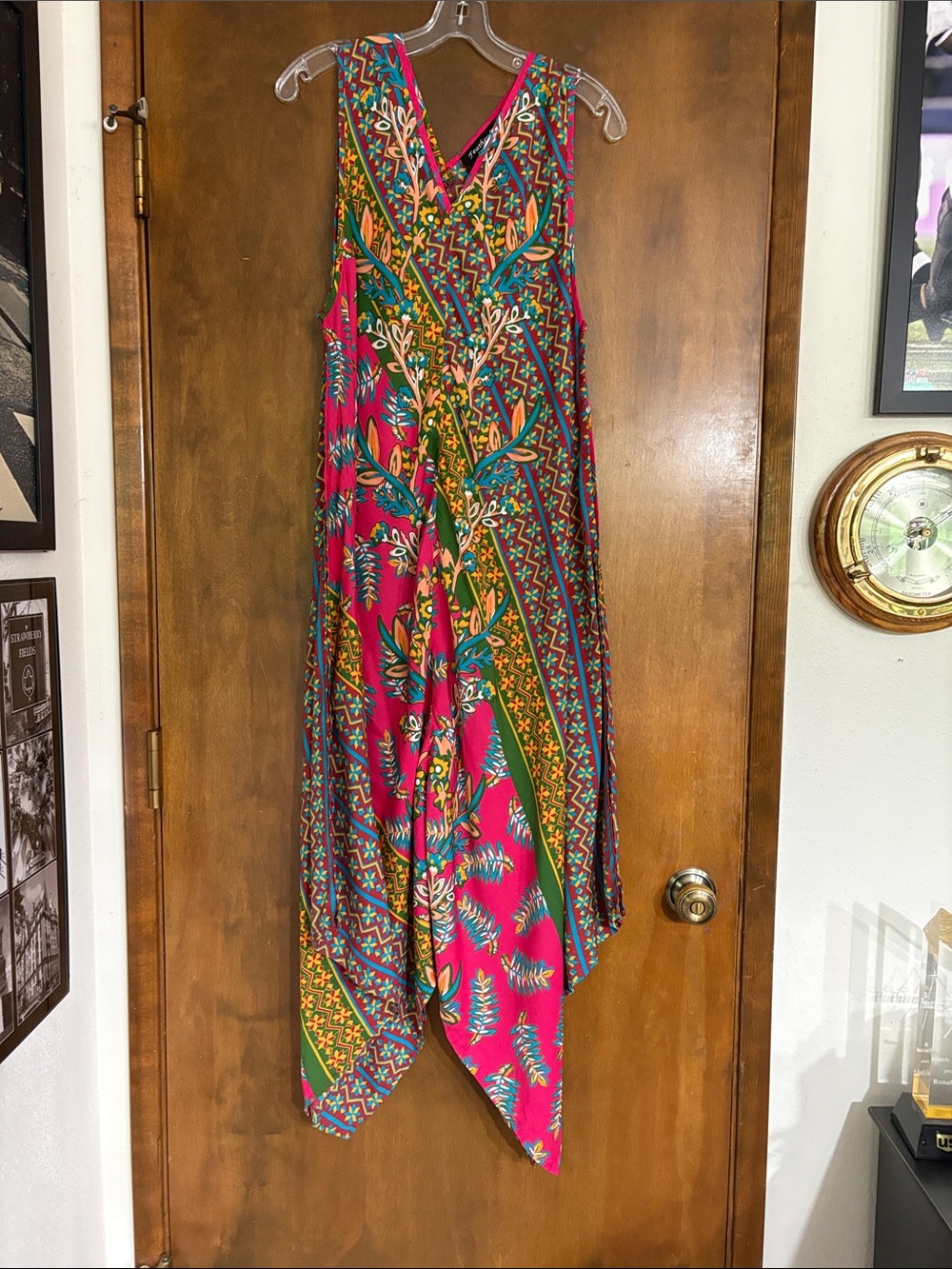 Tolani Fuchsia Multicolor Asymmetrical Handkerchief Hem Maxi Dress XL